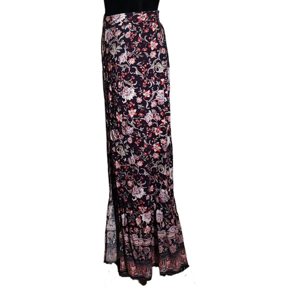 Knox Rose Boho Black Red Floral Tiered Vented Button Front Maxi Skirt Size XL - Picture 1 of 11